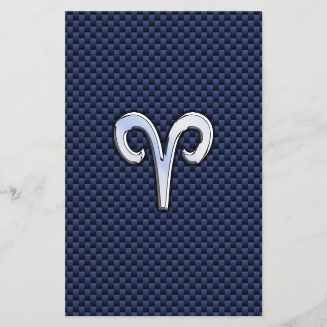 Aries Zodiac Sign on Navy Blue Carbon Fiber Print Stationery (Front)