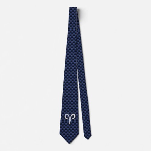 Aries Zodiac Sign on Navy Blue Carbon Fiber Print Tie