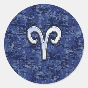 Aries Zodiac Sign on Navy Blue Digital Camo Classic Round Sticker