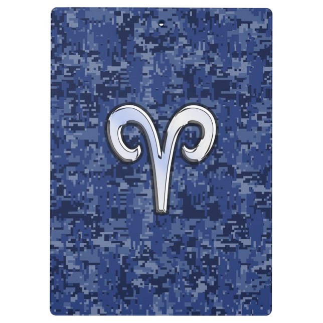 Aries Zodiac Sign on Navy Blue Digital Camo Clipboard (Back)