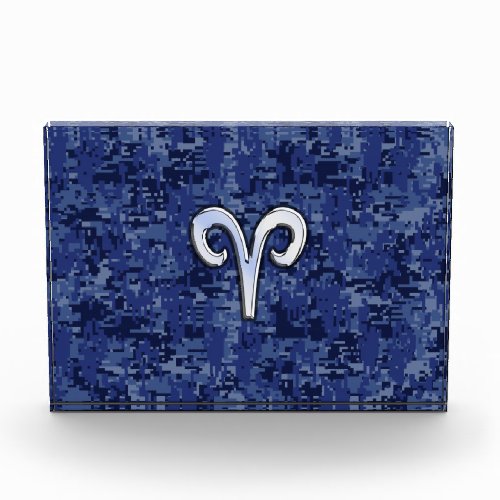 Aries Zodiac Sign on Navy Blue Digital Camo Decor Acrylic Award