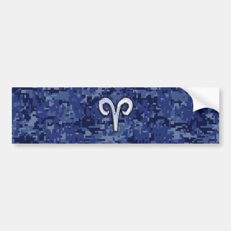 Aries Zodiac Sign On Navy Blue Digital Camo Decor Bumper Sticker