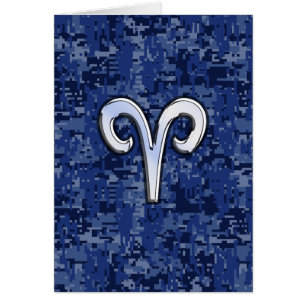 Aries Zodiac Sign on Navy Blue Digital Camo Decor Cards
