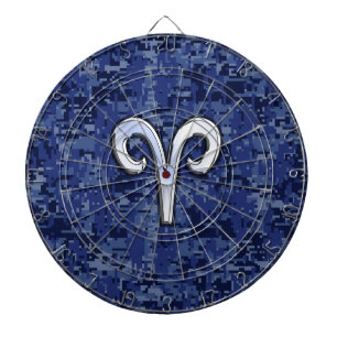 Aries Zodiac Sign on Navy Blue Digital Camo Decor Dart Board