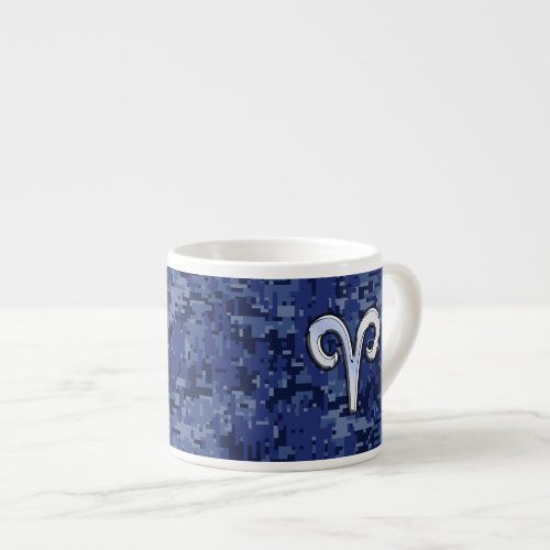 Aries Zodiac Sign on Navy Blue Digital Camo Decor Espresso Cup