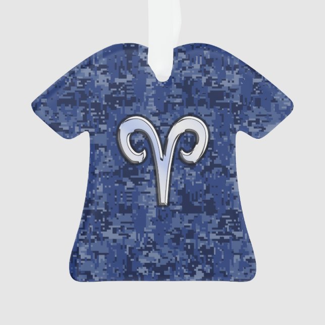Aries Zodiac Sign on Navy Blue Digital Camo Decor Ornament (Front)