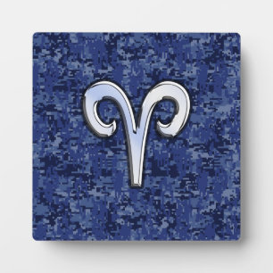 Aries Zodiac Sign on Navy Blue Digital Camo Decor Plaque