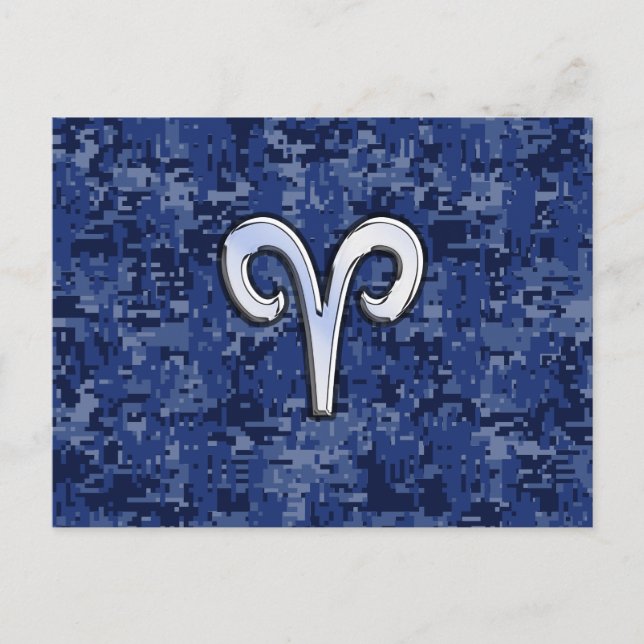 Aries Zodiac Sign on Navy Blue Digital Camo Decor Postcard (Front)