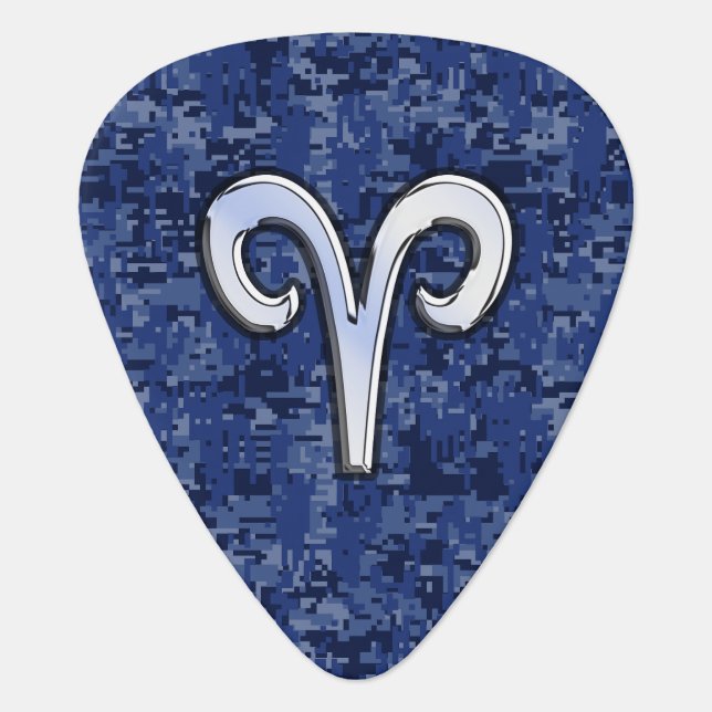 Aries Zodiac Sign on Navy Blue Digital Camo Guitar Pick (Front)