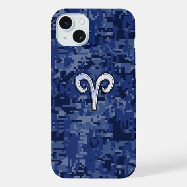 Aries Zodiac Sign on Navy Blue Digital Camo iPhone Case (Back)