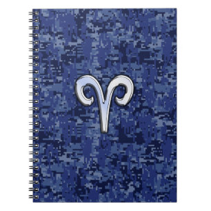 Aries Zodiac Sign on Navy Blue Digital Camo Notebook