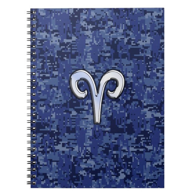 Aries Zodiac Sign on Navy Blue Digital Camo Notebook (Front)