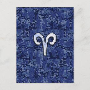 Aries Zodiac Sign on Navy Blue Digital Camo Postcard