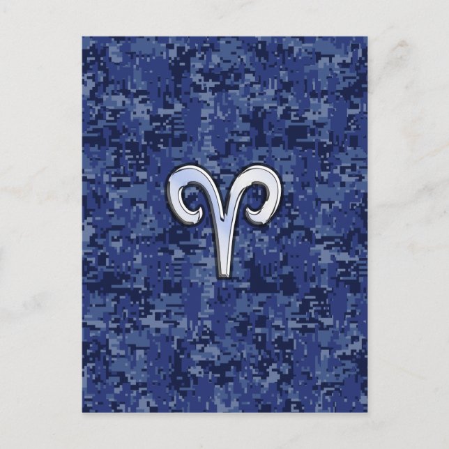 Aries Zodiac Sign on Navy Blue Digital Camo Postcard (Front)