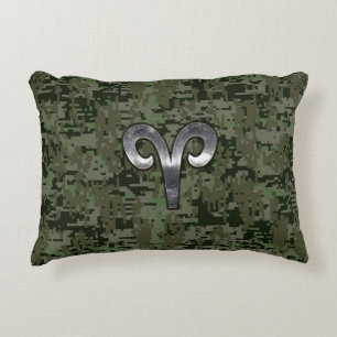 Aries Zodiac Sign on Woodland Green Digital Camo Decorative Pillow