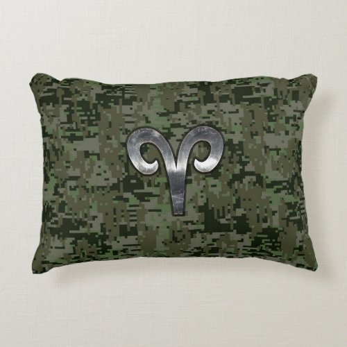 Aries Zodiac Sign on Woodland Green Digital Camo Decorative Pillow