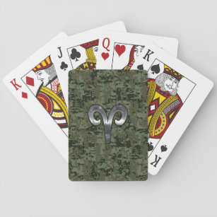 Aries Zodiac Sign on Woodland Green Digital Camo Playing Cards