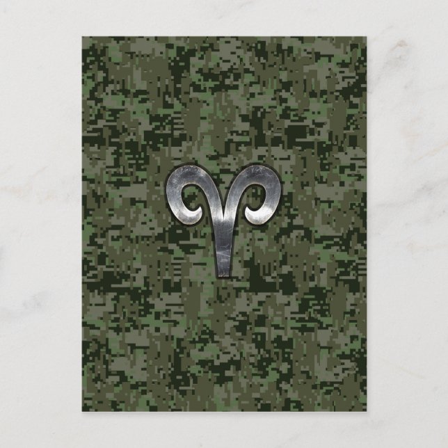Aries Zodiac Sign on Woodland Green Digital Camo Postcard (Front)