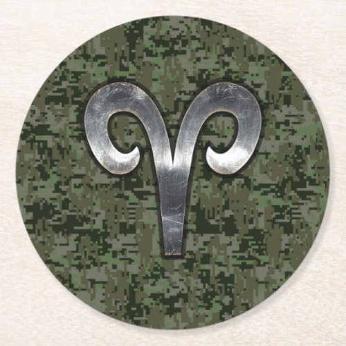 Aries Zodiac Sign on Woodland Green Digital Camo Round Paper Coaster