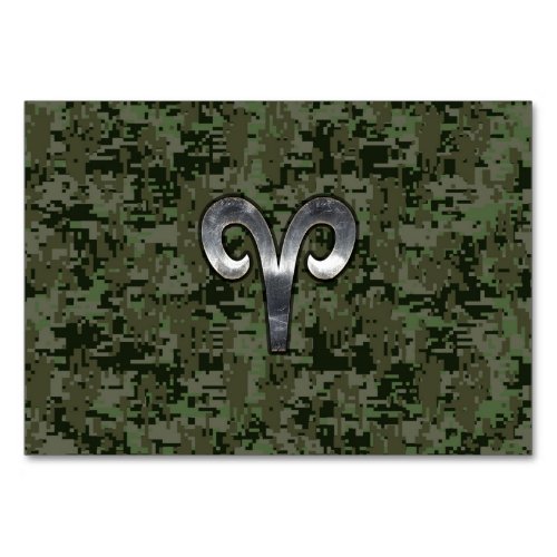 Aries Zodiac Sign on Woodland Green Digital Camo Table Number