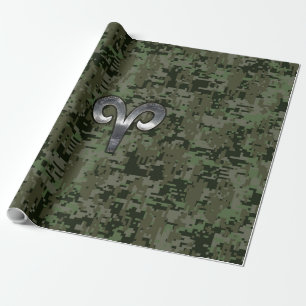 Aries Zodiac Sign on Woodland Green Digital Camo Wrapping Paper