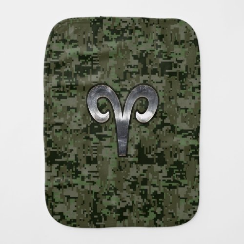 Aries Zodiac Sign on Woodland Style Digital Camo Baby Burp Cloth