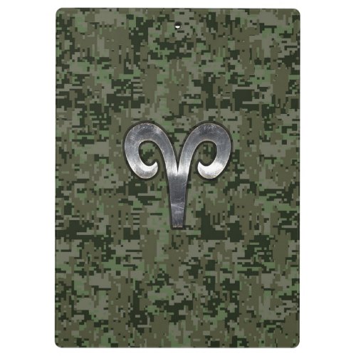 Aries Zodiac Sign on Woodland Style Digital Camo Clipboard