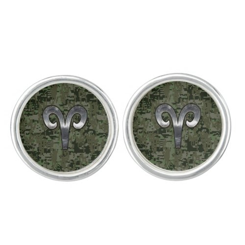Aries Zodiac Sign on Woodland Style Digital Camo Cufflinks