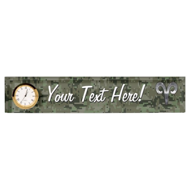 Aries Zodiac Sign on Woodland Style Digital Camo Desk Name Plate (Front)