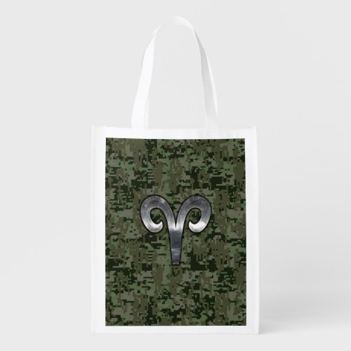 Aries Zodiac Sign on Woodland Style Digital Camo Grocery Bag