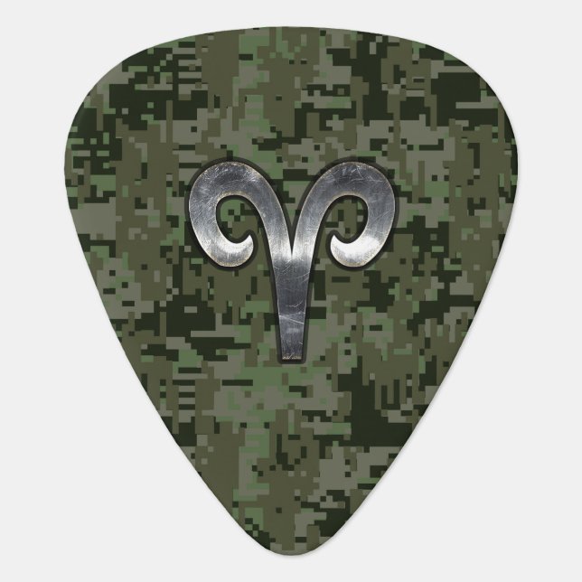 Aries Zodiac Sign on Woodland Style Digital Camo Guitar Pick (Front)