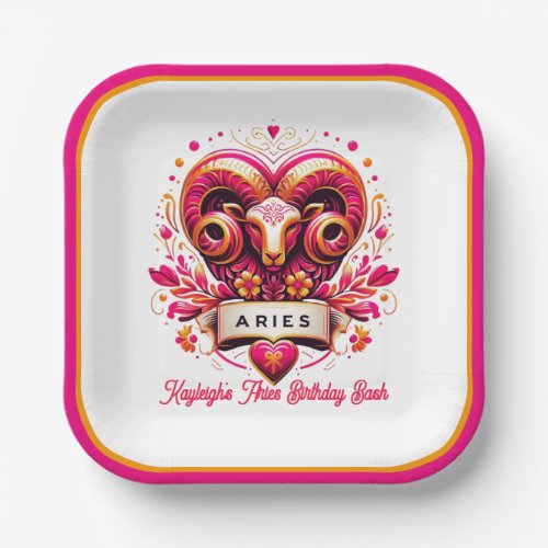 Aries Zodiac Sign Pink and Orange Ram Birthday Paper Plates
