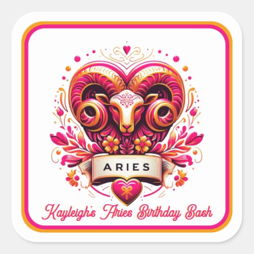 Aries Zodiac Sign Pink and Orange Ram Birthday Square Sticker