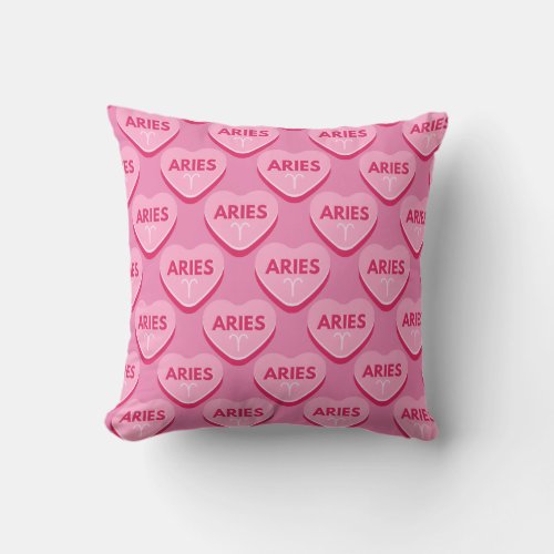 Aries Zodiac Sign Pink Conversation Hearts Throw Pillow