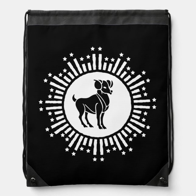Aries Zodiac Sign Ram Cosmic Starburst Design Drawstring Bag (Front)