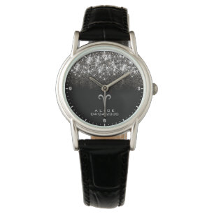 Aries Zodiac Sign Silver Glitter Stars Birth Date Watch