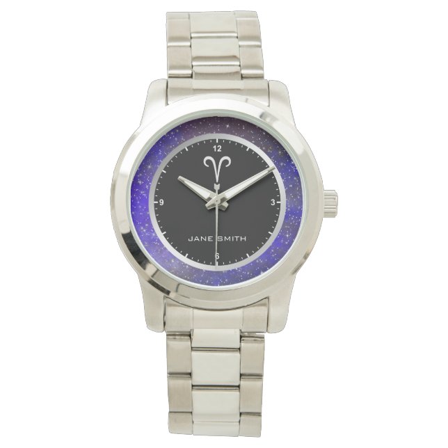 Aries Zodiac Sign Symbol Galaxy Stars Custom Name Watch (Front)