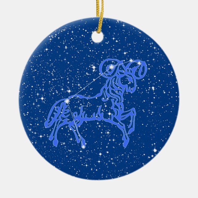 Aries Zodiac Sign with Stars on Deep Blue Ceramic  Ceramic Ornament (Front)