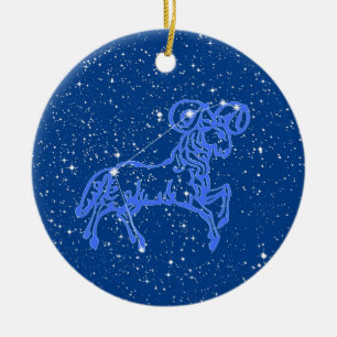 Aries Zodiac Sign with Stars on Deep Blue Ceramic Ornament