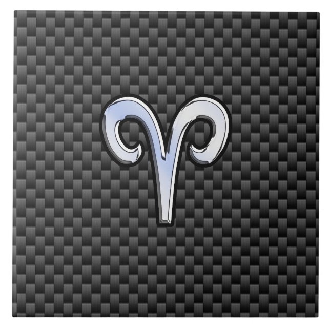 Aries Zodiac Symbol Black Carbon Fiber Decor Ceramic Tile (Front)