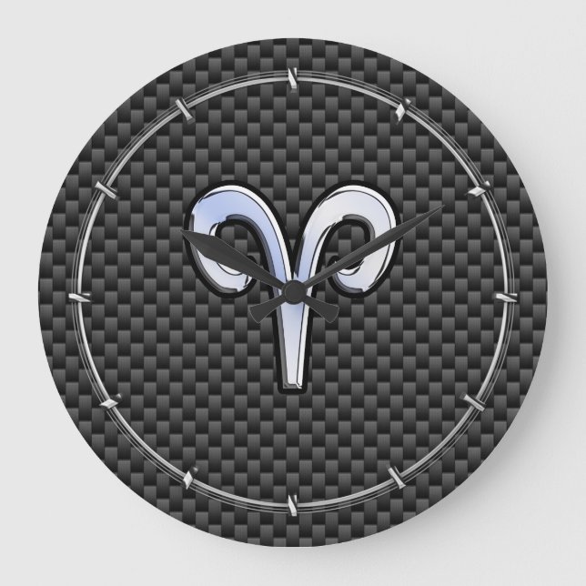 Aries Zodiac Symbol Black Carbon Fiber Decor Large Clock (Front)