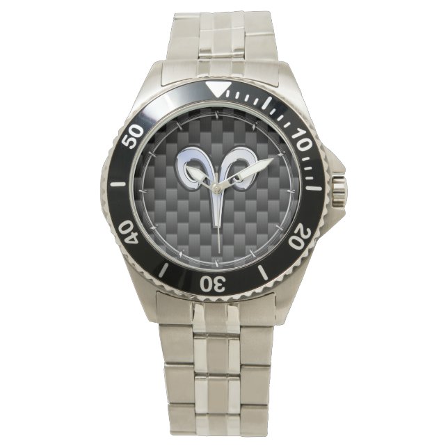 Aries Zodiac Symbol Black Carbon Fiber Decor Watch (Front)