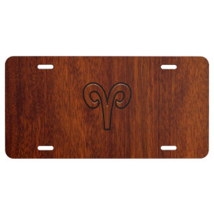 Aries Zodiac Symbol Brown Mahogany like print License Plate