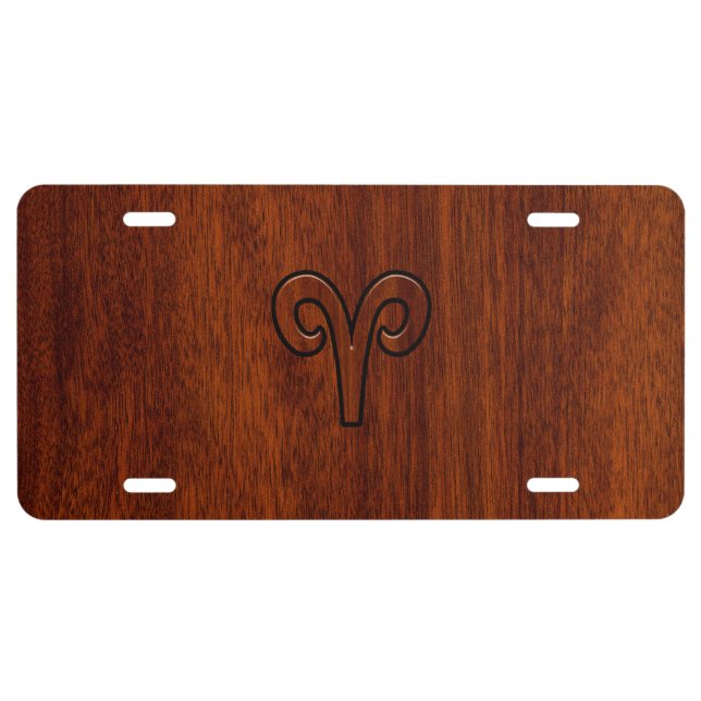 Aries Zodiac Symbol Brown Mahogany like print License Plate (Front)