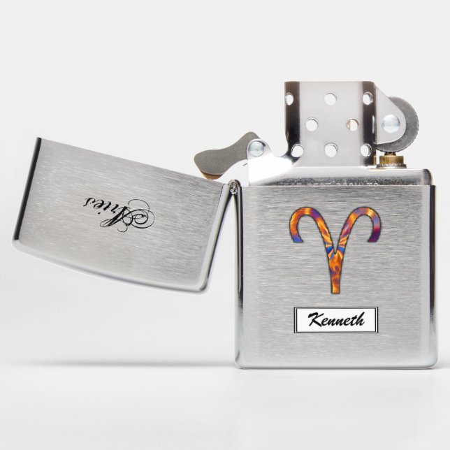 Aries Zodiac Symbol Element by Kenneth Yoncich Zippo Lighter (Opened)
