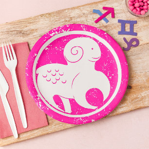Aries Zodiac Symbol Grunge Pink Ram Astrology Paper Plates