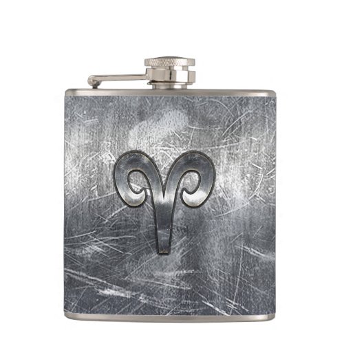 Aries Zodiac Symbol in Grunge Distressed Style Flask
