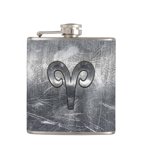 Aries Zodiac Symbol in Silver Distressed Style Flask