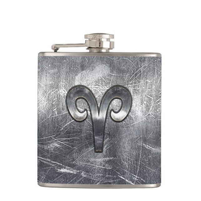 Aries Zodiac Symbol in Silver Distressed Style Flask (Front)