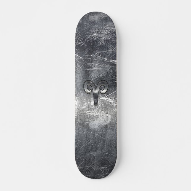 Aries Zodiac Symbol in Silver Distressed Style Skateboard Deck (Front)